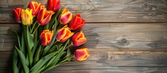 Poster - Tulips bouquet on rustic wooden backdrop for copy space image