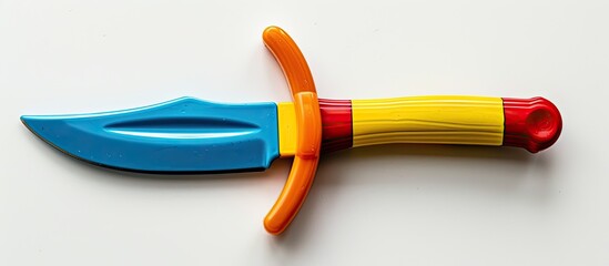 Poster - Toy plastic knife for children s role playing games in a colorful kid s store setting with a white background for copy space image