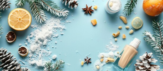 Poster - Winter care displayed in a flat lay composition with decorative cosmetic items on a colored background offering a copy space image for text placement