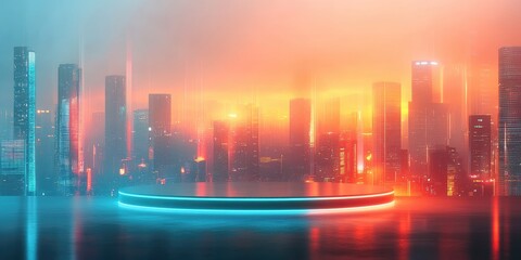 Canvas Print - Futuristic Cityscape with Glowing Platform