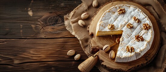Aufkleber - Top view of sliced round Camembert cheese on a wooden board with nuts in rustic style and natural light with a vintage burlap napkin background featuring a copy space image