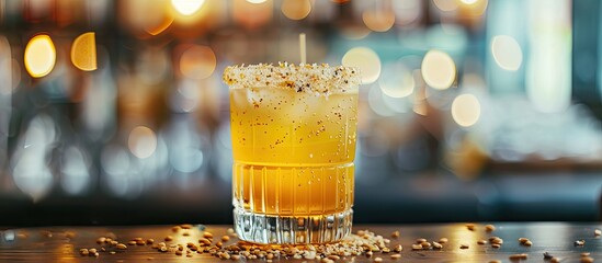 Poster - A glass with a yellow beverage topped with seeds on a bright backdrop with selective focus Ideal as a copy space image