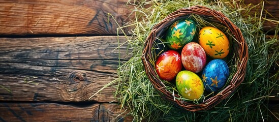 Fototapete - A top view copy space image of vibrant Easter eggs in a basket on a wooden table among green hay acting as a delightful dietary gift