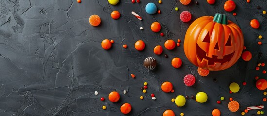 Poster - Halloween pumpkin lantern surrounded by candies on a dark grey background perfect for Halloween themed copy space image ideas