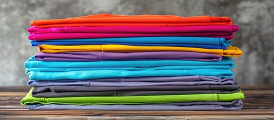 Aufkleber - A variety of colorful t shirts stacked neatly against a backdrop of folded clothes creating a vibrant display with copy space image