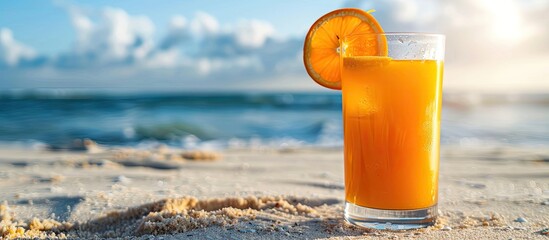 Poster - Tropical orange juice with fresh orange slices served in a glass on a sandy beach representing a summer getaway with a refreshing exotic drink ideal for travel promotions Includes copy space image