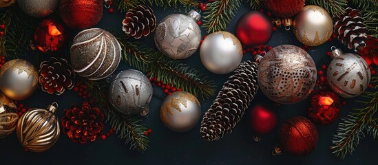 Sticker - Festive ornaments including Christmas balls and fir cones fill the copy space image