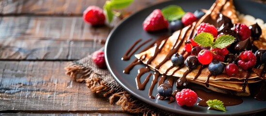 Aufkleber - Selective focus is used in a picture of homemade chocolate crepes adorned with fresh berries and chocolate sauce featuring a copy space image