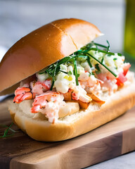 Wall Mural - A decadent lobster roll on a buttery brioche bun, garnished with chives and lemon zest