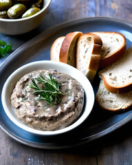 Wall Mural - A rich and flavorful mushroom pâté served with rustic bread and cornichons