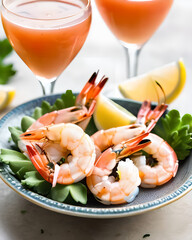 Wall Mural - An exquisite shrimp cocktail with large, succulent shrimp, served with a tangy cocktail sauce and lemon wedges