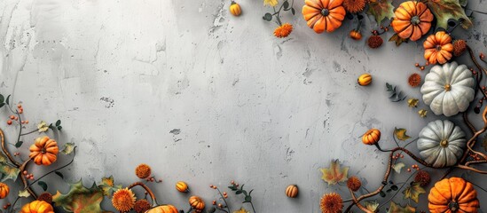Poster - A grey concrete background adorned with pumpkins and flowers featuring ample copy space image