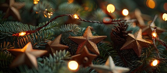 Poster - A festive scene features brown stars on a fir tree backdrop with glowing garland lights creating a charming copy space image