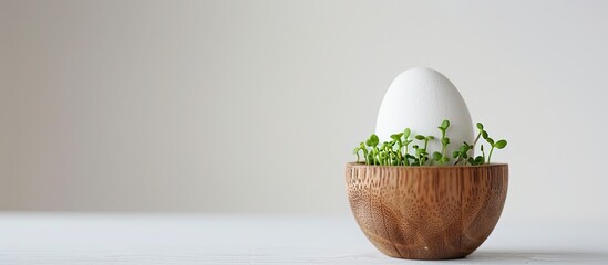 Poster - Green sprouts in a white egg displayed in a wooden egg box against a white backdrop with selective focus allowing for copy space in an eco friendly Easter theme