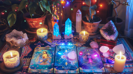 Mystical Tarot Reading Setup with Crystals and Candles