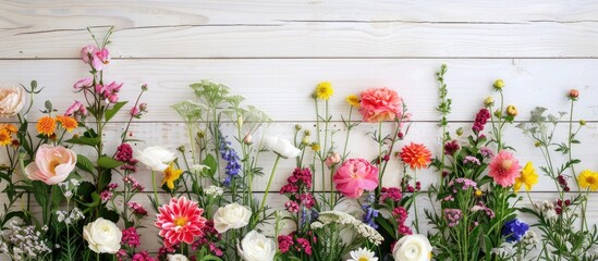 Wall Mural - Flowers displayed on a white wooden backdrop with copy space image available