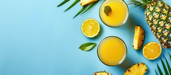 Aufkleber - Pineapple juice and slices on blue backdrop with copy space image