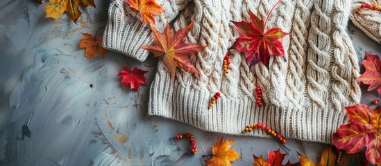 Poster - In fall cozy sweaters are complemented by colorful leaves in a beautifully intertwined display capturing the essence of the season in a remarkable copy space image