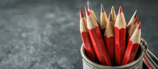 Poster - Red sharp wooden pencils placed in a metal tin on a gray background with focus on the pencils ideal for a copy space image