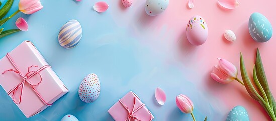 Poster - Top view Happy Easter composition featuring an Easter themed frame with eggs a gift box a tulip and a colored background perfect for a card with copy space for text