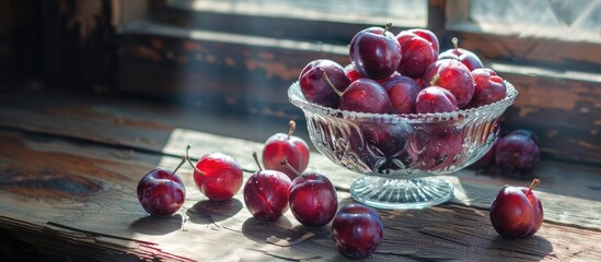 Poster - A glass bowl filled with ripe sweet plum fruits sits next to scattered plums on a dark moody wood table in bright light ideal for a copy space image