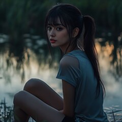 Poster - A woman sitting on the ground by a body of water