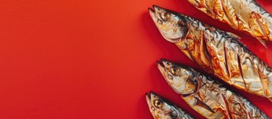 Aufkleber - Fried mackerel arranged on red background with copy space image