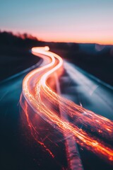Aufkleber - Abstract neon light trails on winding road at sunset