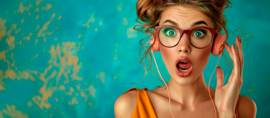 Wall Mural - Surprised young woman with headphones listening to music on blue background