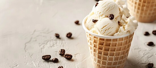 Aufkleber - Waffle cup filled with vanilla and coffee ice cream with a blank space for an image. Creative banner. Copyspace image