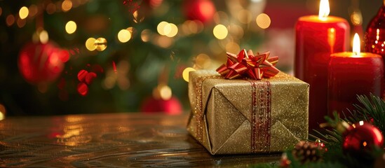 Aufkleber - A golden gift box rests on the table with a Christmas tree and red candlesticks in the background creating a festive setting for a copy space image