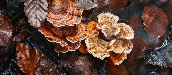 Wall Mural - Mitrula paludosa a fungus found in bog swamps thrives on decaying leaves from spring to summer with a square copy space image