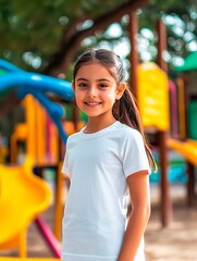 Wall Mural - Young smiling girl in cotton white t-shirt mockup against the backdrop of a children's playground , kids clothes template