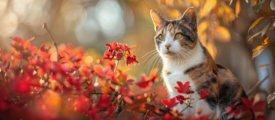 Poster - A stunning cat with three colors and yellow eyes sitting near vibrant red autumn flowers in the park with room for text in the image. Creative banner. Copyspace image