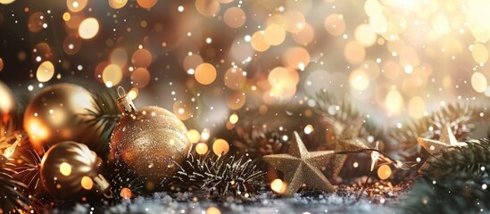Poster - Festive Christmas greeting card with New Year concept on bokeh background featuring a flat lay design with a top view and ample copy space image