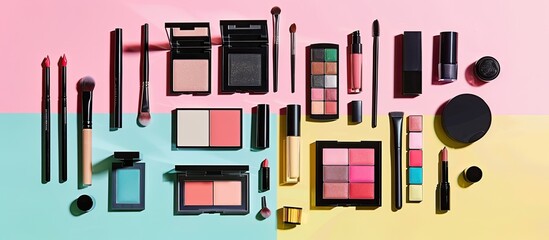 Poster - Vibrant makeup array on a pastel pink and yellow backdrop in a flat lay setup with a copy space image