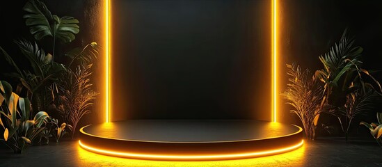 Poster - AI black podium featuring glowing yellow neon accents