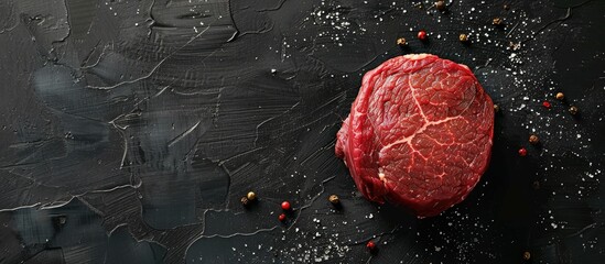Poster - A raw beef tenderloin on a butcher table with a black background seen from above showcasing a copy space image