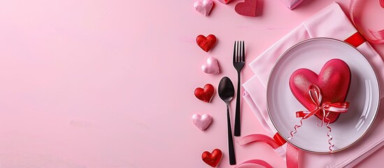Leinwandbilder - Valentine s Day table setting with hearts gift and copy space image on a pink backdrop