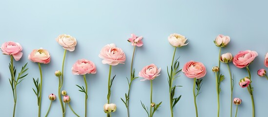 Sticker - Flat lay of lovely Eustoma flowers on a soft blue backdrop ideal for adding text with copy space image