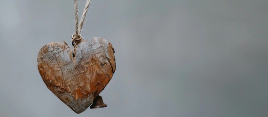 Fototapete - Wooden bark heart hanging on a string with a small brass bell in the center against a plain background in a copy space image