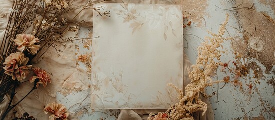 Poster - Vintage wedding invitations featuring dried flowers on a rustic textile background displayed from an overhead flat lay perspective ready for creative designs with space to insert images