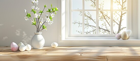 Wall Mural - A sunny day with a white window and an Easter theme on a wooden board with ample copy space image for decoration and product display