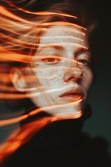 Aufkleber - Woman's face lit by orange light streaks