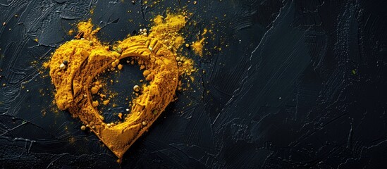 Poster - A heart shape created from yellow spices on a black background for a cookery theme with copy space for text or labels in an overhead flat lay view