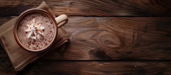 Poster - An inviting cup of hot mocha on a wooden table with a copy space image perfect for a morning breakfast scene