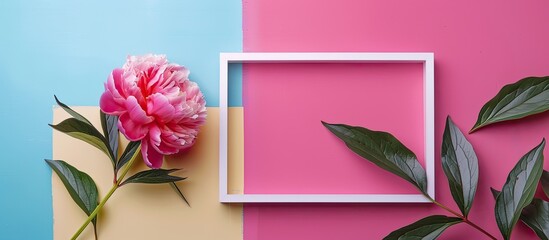 Poster - Peony flower in pink close up on a colorful background within a white frame A minimalistic composition with a flat lay and top view emphasizing the natural concept and copy space image