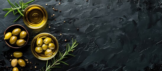Poster - Top view of olive oil olives and rosemary sprigs arranged on a black background with empty space for text or images. Creative banner. Copyspace image