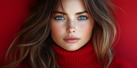 Wall Mural - A beautiful woman with long hair and blue eyes in red lies on the bed, a close-up of her face against a red background, in the photorealistic style of high resolution portrait photography with vibrant