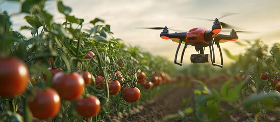 Poster - Agricultural drone applying fertilizer in tomato fields Smart farming innovation AI render